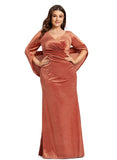 Olive Sheath/Column V-Neck Floor-Length Velvet Evening Dress With Pleated STIP0020888