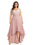 Deja A-line Off the Shoulder Asymmetrical Chiffon Lace Evening Dress With Pleated STIP0020873