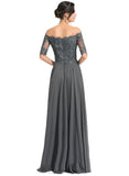 Makaila A-line Off the Shoulder Floor-Length Chiffon Lace Evening Dress With Rhinestone STIP0020908