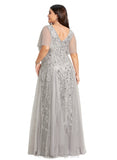 Tanya A-line V-Neck Floor-Length Lace Tulle Evening Dress With Sequins STIP0020906