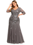 Daisy Trumpet/Mermaid V-Neck Floor-Length Lace Tulle Evening Dress With Sequins STIP0020907