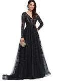 Cali Ball-Gown/Princess V-Neck Sweep Train Lace Tulle Evening Dress With Sequins STIP0020881