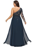 Frederica Sheath/Column One Shoulder Floor-Length Chiffon Lace Evening Dress With Sequins STIP0020775