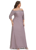 Ashleigh Sheath/Column Off the Shoulder Floor-Length Chiffon Lace Evening Dress With Pleated STIP0020860