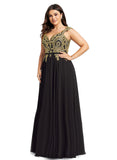 Shiloh A-line V-Neck Floor-Length Chiffon Lace Evening Dress STIP0020959