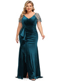 Harper Sheath/Column V-Neck Sweep Train Velvet Evening Dress With Beading Cascading Ruffles STIP0020875