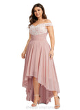 Deja A-line Off the Shoulder Asymmetrical Chiffon Lace Evening Dress With Pleated STIP0020873