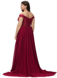 Bella A-line Off the Shoulder Sweep Train Chiffon Lace Evening Dress With Sequins STIP0020830