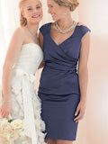 Skyler Sheath/Column Charmeuse Ruched V-neck Short Sleeves Knee-Length Mother of the Bride Dresses STIP0020327