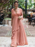 Hortensia A-Line/Princess Chiffon Ruffles V-neck Long Sleeves Floor-Length Mother of the Bride Dresses STIP0020384