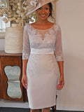 Leslie Sheath/Column Elastic Woven Satin Applique Scoop 3/4 Sleeves Knee-Length Mother of the Bride Dresses STIP0020394