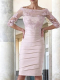 Jan Sheath/Column Satin Applique Scoop 3/4 Sleeves Knee-Length Mother of the Bride Dresses STIP0020414