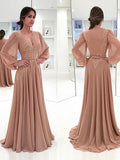 Cecelia A-Line/Princess Chiffon Lace V-neck Long Sleeves Sweep/Brush Train Mother of the Bride Dresses STIP0020421