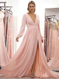 Annabelle A-Line/Princess Chiffon Ruffles V-neck Long Sleeves Sweep/Brush Train Mother of the Bride Dresses STIP0020429