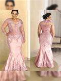 Journey Trumpet/Mermaid Satin Applique V-neck Long Sleeves Floor-Length Mother of the Bride Dresses STIP0020445