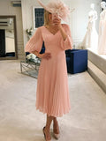 Stephany A-Line/Princess Chiffon Ruffles V-neck 3/4 Sleeves Tea-Length Mother of the Bride Dresses STIP0020295