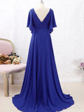 Jayleen A-Line/Princess Chiffon Beading V-neck Short Sleeves Sweep/Brush Train Mother of the Bride Dresses STIP0020288