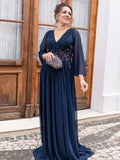 Natalee A-Line/Princess Chiffon Applique V-neck Long Sleeves Sweep/Brush Train Mother of the Bride Dresses STIP0020294