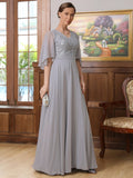 Lisa A-Line/Princess Chiffon Applique V-neck 1/2 Sleeves Floor-Length Mother of the Bride Dresses STIP0020334