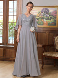 Lisa A-Line/Princess Chiffon Applique V-neck 1/2 Sleeves Floor-Length Mother of the Bride Dresses STIP0020334