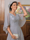 Lisa A-Line/Princess Chiffon Applique V-neck 1/2 Sleeves Floor-Length Mother of the Bride Dresses STIP0020334