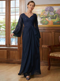 Karina A-Line/Princess Chiffon Applique V-neck Long Sleeves Floor-Length Mother of the Bride Dresses STIP0020335