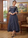 Janelle A-Line/Princess Chiffon Applique Scoop 3/4 Sleeves Asymmetrical Mother of the Bride Dresses STIP0020346