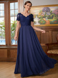 Kinsley A-Line/Princess Chiffon Lace V-neck Short Sleeves Floor-Length Mother of the Bride Dresses STIP0020311