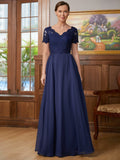 Kinsley A-Line/Princess Chiffon Lace V-neck Short Sleeves Floor-Length Mother of the Bride Dresses STIP0020311