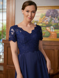 Kinsley A-Line/Princess Chiffon Lace V-neck Short Sleeves Floor-Length Mother of the Bride Dresses STIP0020311