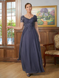 Annika A-Line/Princess Chiffon Applique V-neck Short Sleeves Floor-Length Mother of the Bride Dresses STIP0020337