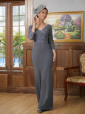 Harper Sheath/Column Jersey Lace V-neck 3/4 Sleeves Floor-Length Mother of the Bride Dresses STIP0020332