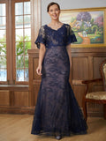 Chanel Sheath/Column Silk like Satin Lace V-neck Short Sleeves Floor-Length Mother of the Bride Dresses STIP0020338