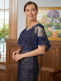 Chanel Sheath/Column Silk like Satin Lace V-neck Short Sleeves Floor-Length Mother of the Bride Dresses STIP0020338