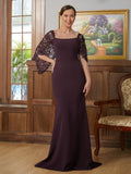 Maya Sheath/Column Stretch Crepe Lace Square 1/2 Sleeves Sweep/Brush Train Mother of the Bride Dresses STIP0020329