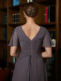 Cornelia A-Line/Princess Chiffon Ruched V-neck Short Sleeves Floor-Length Mother of the Bride Dresses STIP0020304