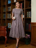 Emilia A-Line/Princess Chiffon Lace Scoop Short Sleeves Tea-Length Mother of the Bride Dresses STIP0020302