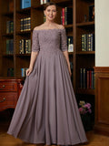 Gertie A-Line/Princess Chiffon Applique Off-the-Shoulder 3/4 Sleeves Floor-Length Mother of the Bride Dresses STIP0020308