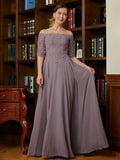 Gertie A-Line/Princess Chiffon Applique Off-the-Shoulder 3/4 Sleeves Floor-Length Mother of the Bride Dresses STIP0020308