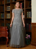 Clarissa A-Line/Princess Tulle Lace Scoop Short Sleeves Floor-Length Mother of the Bride Dresses STIP0020310