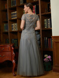 Clarissa A-Line/Princess Tulle Lace Scoop Short Sleeves Floor-Length Mother of the Bride Dresses STIP0020310