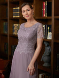 Grace A-Line/Princess Chiffon Lace Scoop Short Sleeves Ankle-Length Mother of the Bride Dresses STIP0020353