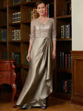 Sandy A-Line/Princess Silk Like Satin Lace V-neck 3/4 Sleeves Sweep/Brush Train Mother of the Bride Dresses STIP0020342