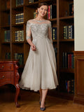 Mia A-Line/Princess Chiffon Lace Scoop 3/4 Sleeves Tea-Length Mother of the Bride Dresses STIP0020300