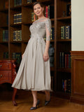 Mia A-Line/Princess Chiffon Lace Scoop 3/4 Sleeves Tea-Length Mother of the Bride Dresses STIP0020300