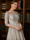 Mia A-Line/Princess Chiffon Lace Scoop 3/4 Sleeves Tea-Length Mother of the Bride Dresses STIP0020300