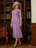 Marianna Sheath/Column Chiffon Applique Scoop Short Sleeves Tea-Length Mother of the Bride Dresses STIP0020317