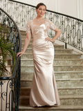 Judy Sheath/Column Satin Lace Sweetheart Short Sleeves Floor-Length Mother of the Bride Dresses STIP0020314