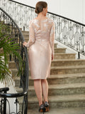 Julia Sheath/Column Satin Lace V-neck Long Sleeves Knee-Length Mother of the Bride Dresses STIP0020359