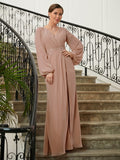 Gia A-Line/Princess Chiffon Applique V-neck Long Sleeves Floor-Length Mother of the Bride Dresses STIP0020313